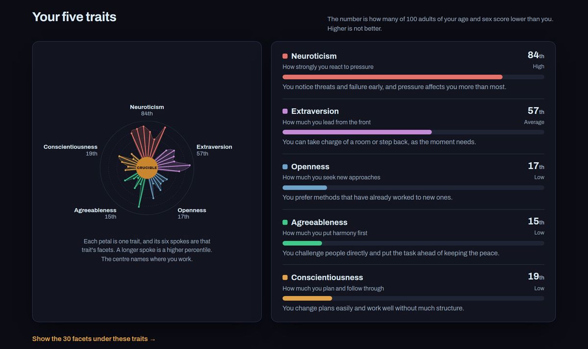 The About you page: a chart of five traits and thirty facets beside five trait bars