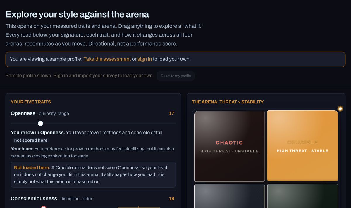 The Explore page: trait sliders beside the four work environments