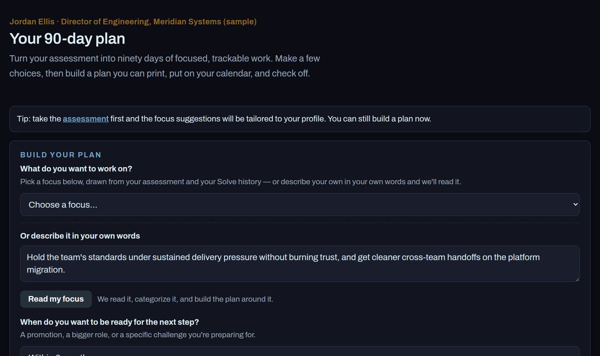 The 90-day plan page: choose a focus and a target date